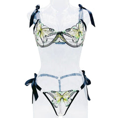 Sweetheart neck butterfly embroidery lingerie set