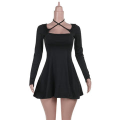 Long sleeve halter cross front solid mini dress