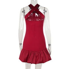 Halter bowknot cross back ruffle mini dress