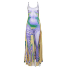 Body pattern u neck ruffle backless contrast cami maxi dress-final-sale