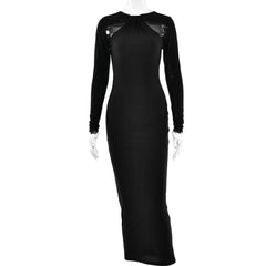 Long sleeve beaded zip-up hollow out patchwork cut out maxi dress-final-sale