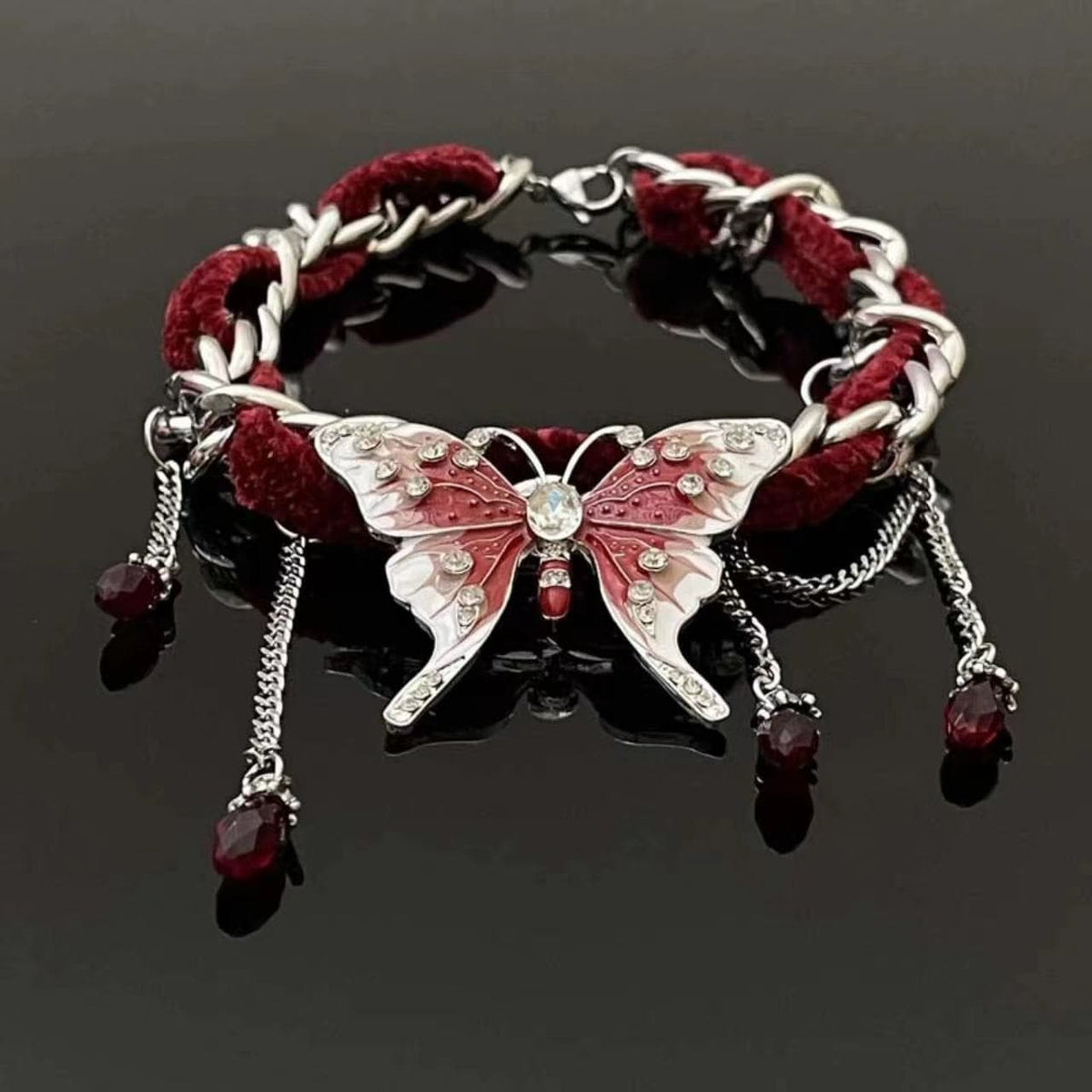 Red butterfly pendant fluffy choker necklace