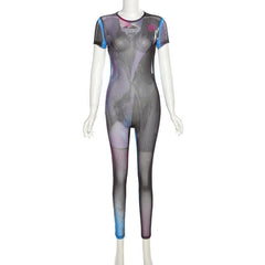 Sheer mesh see through contrast short sleeve self tie backless jumpsuit-final-sale