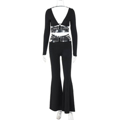 Long sleeve o ring button wide leg low rise pant set