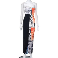 Abstract print contrast patchwork backless slit tube maxi dress-final-sale