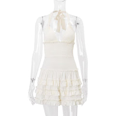 Halter smocked knotted ruched ruffle mini dress