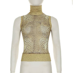 High neck leopard print mesh sleeveless top