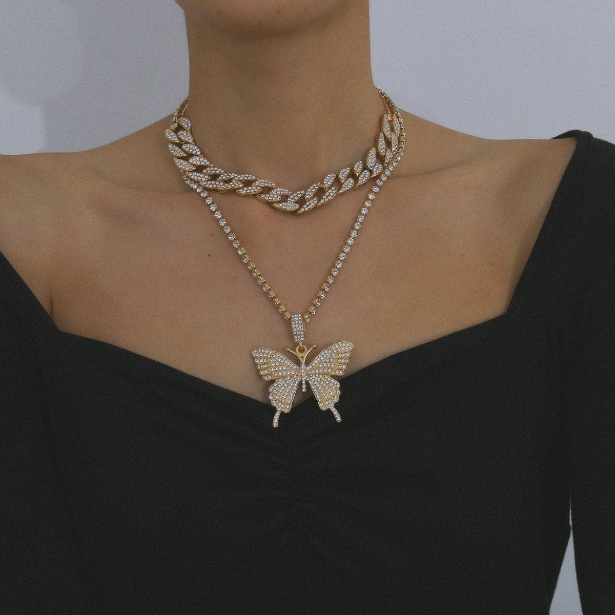 Butterfly pendant rhinestone cuban 2pcs necklace