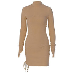 Long sleeve gloves solid drawstring high neck mini dress-final-sale