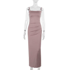 Ruched slit square neck solid cami maxi dress