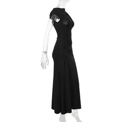 Short sleeve ruched self tie high slit maxi dress