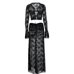 Long flared sleeve lace see through maxi skirt set-final-sale