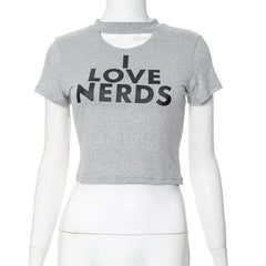 Short sleeve letter print crewneck hollow out crop cut out top