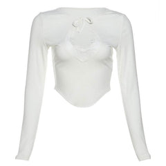 Long sleeve crewneck hollow out lace ribbed cut out top