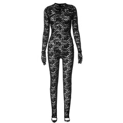 Lace see through zip-up solid long sleeve gloves hollow out jumpsuit-final-sale