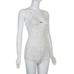 V neck textured flower print cami romper