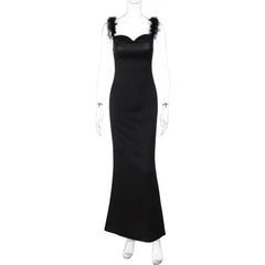Feather cowl neck ruched solid backless maxi dress-final-sale