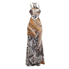 Hollow out snakeskin print halter self tie cut out maxi dress