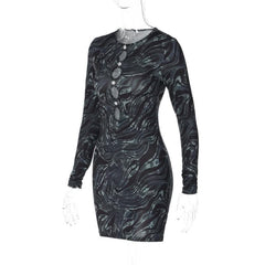Ripple contrast long sleeve hollow out crewneck cut out mini dress-final-sale