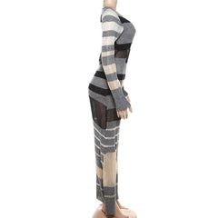 Crewneck long sleeve knitted striped print maxi dress