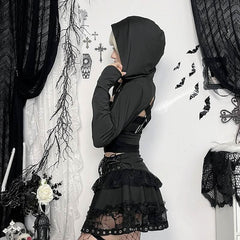 Hoodie long sleeve buckle cross back crop top