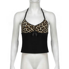 Halter v neck leopard print bowknot top