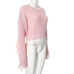 Long sleeve crewneck tassels knitted top