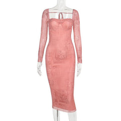 Long sleeve lace hem square neck print midi dress