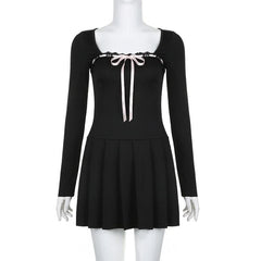 Lace hem square neck contrast long sleeve pleated mini dress-final-sale