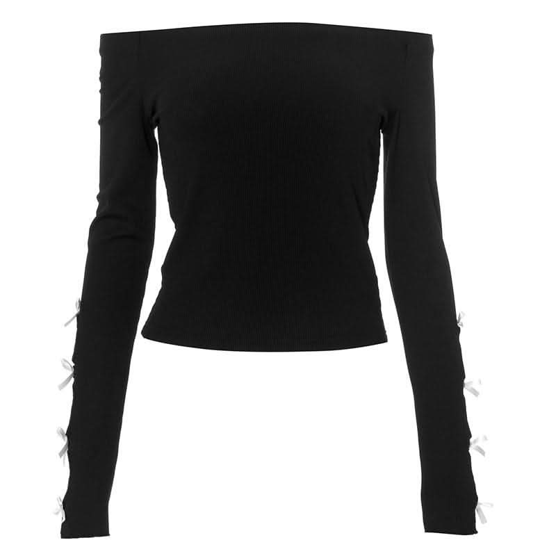 Long sleeve off shoulder bowknot hollow out ribbed cut out top-final-sale
