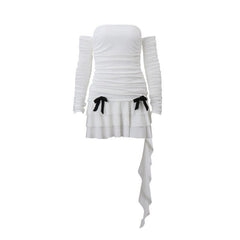 Long sleeve off shoulder ruched bowknot backless ruffle mini dress-final-sale