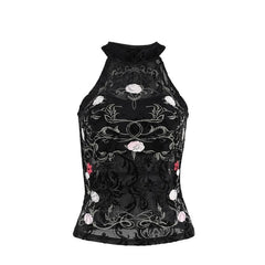 High neck ruffle print embroidery tank top