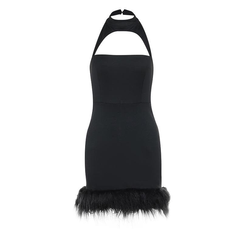 Hollow out halter fluffy backless button solid cut out mini dress