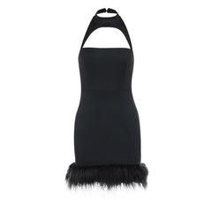 Hollow out halter fluffy backless button solid cut out mini dress