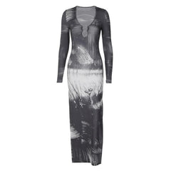 Slit long sleeve contrast o ring u neck maxi dress-final-sale