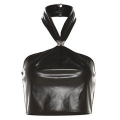 Halter PU leather button butterfly applique top