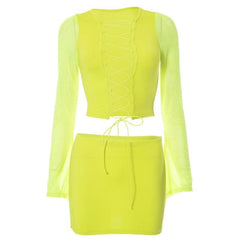 Long sleeve hollow out lace up mesh mini skirt set-final-sale