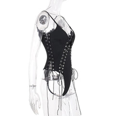 V neck lace up hollow out solid cami bodysuit