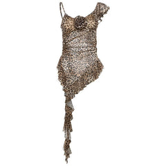 Leopard print flower applique irregular ruffle cami top