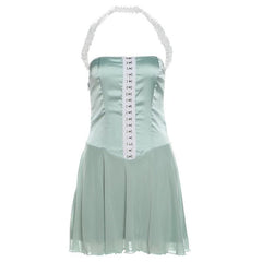 Halter button mesh backless mini dress-final-sale