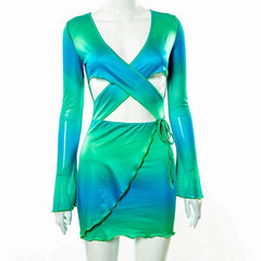 V neck hollow out cross front ruffled print dress