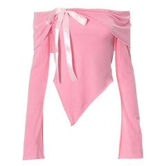 Irregular off shoulder bowknot ribbon long sleeve top