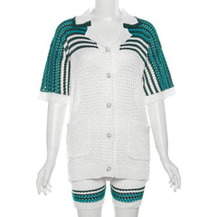 Turnover collar short sleeve button hollow out pant set