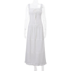 Ruched button square neck sleeveless smocked ruffle midi dress-final-sale