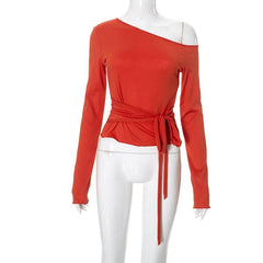 One shoulder irregular long sleeve ruched self tie top