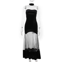 Ruched velvet mesh patchwork tube midi dress