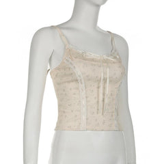 Lace hem bowknot ribbon print stitch cami top