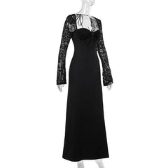 Sweetheart neck long sleeve self tie slit maxi dress