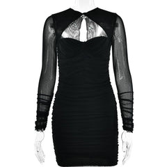 Hollow out ruched mesh long sleeve zip-up button cut out mini dress