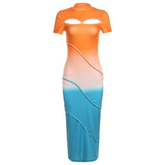 Short sleeve crewneck stitch contrast hollow out cut out midi dress